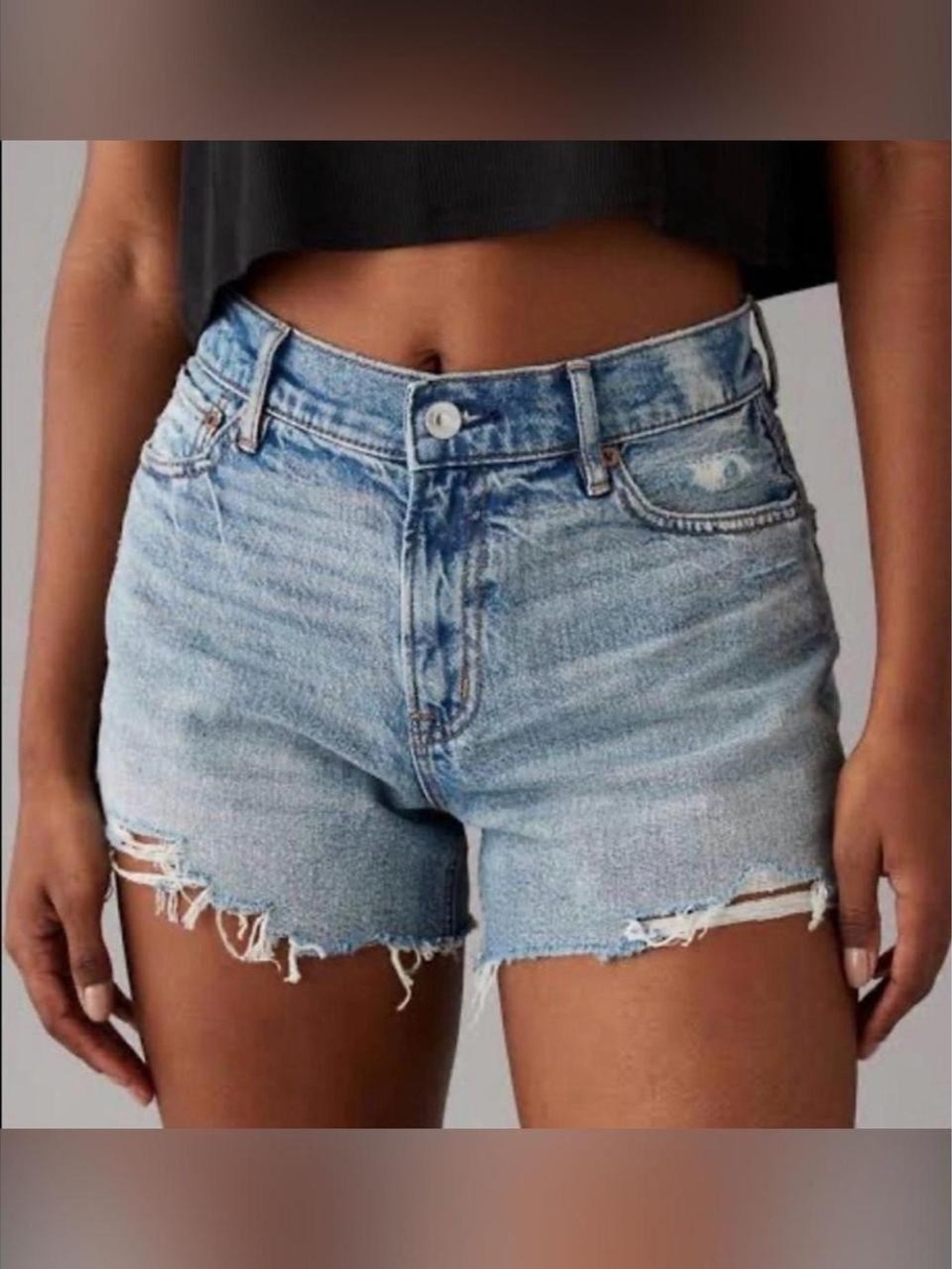AEO Blue High-Rise Distressed Denim Shorts
